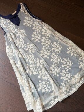 Altar’d State Sleeveless Navy & Ivory Floral Lace Overlay Dress